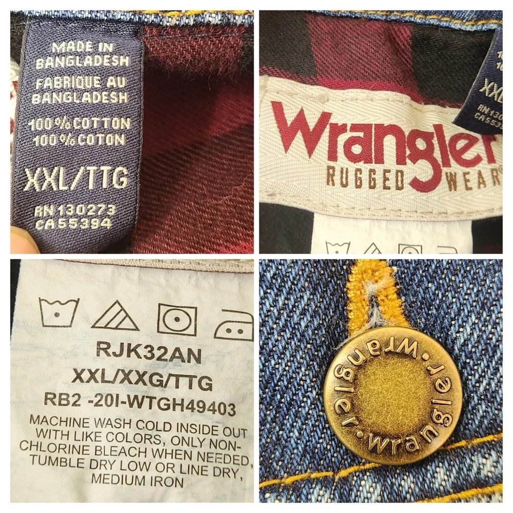 Wrangler Rugged Wear Mens XXL Blue Denim Jacket Buffalo Plaid Lined Trucker Coat